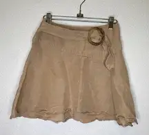 Free People Higher Ground Flared Tan Linen Mini Skirt EUC Sz 2 Belted Side Zip