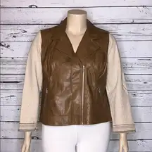 Baccini Size XL Brown Tan Faux Leather Knit Long Sleeve Moto Style Jacket