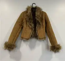 Express Tan Faux Suede Fur Trim Lined Crop Coat 2