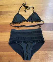 Amazon Black Triangle Bikini w Pom Pom Trim & High Waisted Full Coverage Bottoms