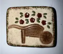 Clay Art Pin Wheel Barrel Flowers Roses Ceramic Brooch Handmade Hand Painted VTG