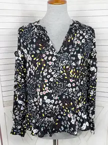 Parker Floral Ruffle Trim V Neck Long Sleeve‎ Blouse Black Multi Small
