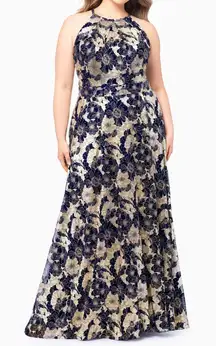 Betsy & Adam. Plus Size Layla Halter Top Foil Print Gown.