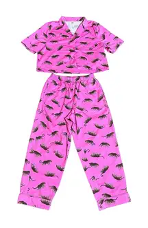 Fabletics EcoSatin Pink Leopard Print Pajama Set Crop Pant Button Down Top Sz S