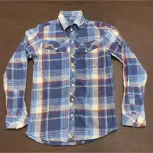 Broken Threads Blue Plaid Pearl Snap Western Shirt Small Coastal Cowgirl Flannel