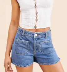 Seventy + Mochi Mabel Patch Pocket High Waisted Denim Shorts in Blue - 27