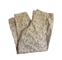 Liz Claiborne Emma Dress Pants Leaf Print Pockets Straight Leg Cropped Tan Sz 12