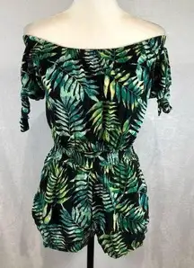 Off shoulder smocked tropical leaf print romper with pockets size small