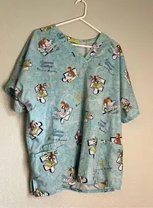 Curious George Women Blue Scrub Top Short Sleeves Nurse Size XL  Monkey Print