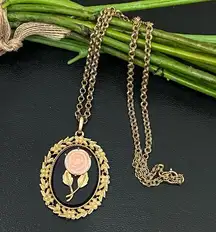 Vintage AVON Gold-tone Ornate Rose Cameo Mirror Pendant 24” Long Necklace 50.4g