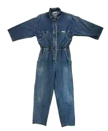 Vtg 80s IDEAS Blue Denim Jumpsuit Size M Romper Coveralls Jean Cinched Waist