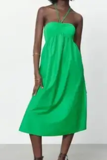 ZARA Green Halter Smocked Poplin Midi Vacation Dress size Small