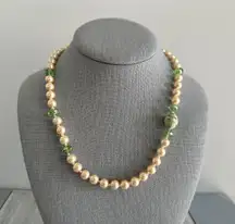 Gorgeous Beaded Necklace Glass Pearls Green Crystal & A Colorful Focal Beads