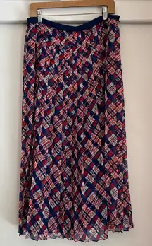 LK Bennett Avery Navy Red Plaid Printed Pleated Midi Skirt Size 12