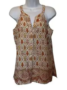 𝅺Sanctuary EUC Orange Yellow Floral Abstract Print Button Down Sleeveless Blouse