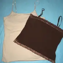 𝅺Tank top lot of 2 spaghetti strap built in bra stretchy dark brown tan size XL