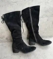 Born Womens Felicia Boot Size 8.5 WIDE CALF Tall Black Suede Block Heel Distress