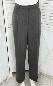 Geoffrey Beene Windowpane High Waist Cuff Hem Straight Leg Trouser Pants Grey 8