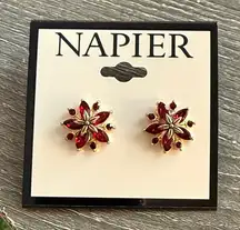 Napier Ruby Red and Gold Floral Holiday Stud Earrings