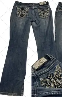 Miss Chic Sz 11 Studded Rhinestone Cross Bootcut Jeans Low Rise Medium Wash