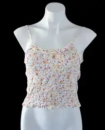 Shirred Smock Tank Top Floral Cropped Length Ivory Multi Size S NWT