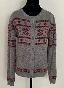 Elegant Gray and Red Patterned Women's Cardigan