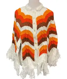 70's Groovy Knit Shawl Poncho Button Wrap Zig Zag Chevron Pattern Fringe Size S