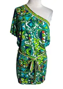 Trina Turk Womens Medium Bali Hai One Shoulder Dress Short Swim Coverup XS