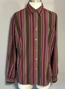 Foxcroft Size 10 Pink Brown Striped Button Down Shirt Shaped Fit