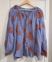 Roller Rabbit Lora Ada Embroidered Cotton Peasant Blouse Size XL