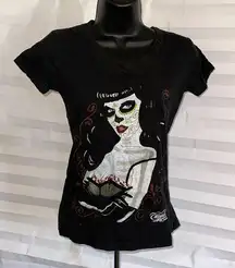 Complex Women's Day of The Dead Black Cap Sleeve V Neck T-Shirt Size Small