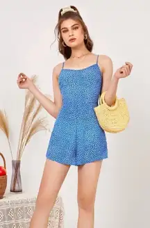 SHEIN Zipper Back Blue and White Polka Dot Allover Print Slip Romper Size Large