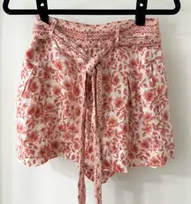 INTERMIX Floral High Waist Linen Shorts, Red and Cream, Size 2