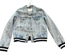 Pistola Denim Trucker Jacket Distressed Light Wash Varsity Cuffs Size L