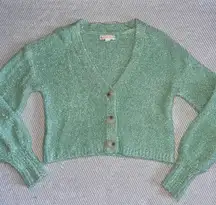 Women’s Boutique Button Up Oversized Green Cropped Knit Cardigan Sweater Sz Xs