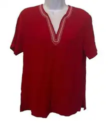 Cathy Daniels EUC Red Embroidered V Neck Short Sleeve Shirt Sz M