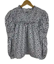 English‎ Factory Smocked Floral Blouse Small Ruffle Neck Puff Sleeve Cottagecore