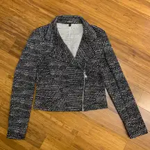Express Moto Jacket Womens XS Black‎ White Textured Knit Full Zip Asymmetrical