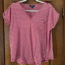 Chaps Ralph Lauren Shirt Womens Large Red White Stripe V Neck Cap Sleeve