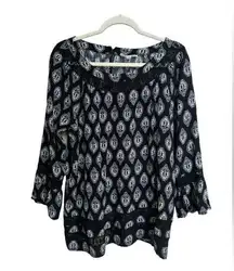 Honey Punch Long Sleeve Blouse Black & White Bell Sleeves size 1X‎