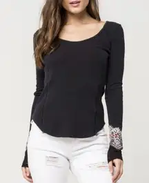 Free People Black Bandana Cuff Crochet Sleeve Scoop Neck Waffle Knit Thermal Top