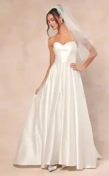NWT Lulus Khalida White Satin Pleated Strapless Gown Wedding Bridal Dress Sz M