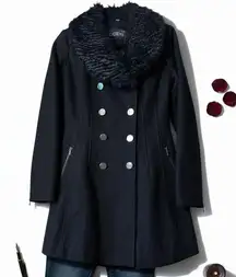 Guess Black Faux Fur Collar Double Breasted Coat XS Fitted Fit & Flare