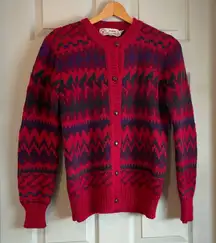 Jade Imported Sportswear Red Patterned Women's Medium Vintage Cardigan Sweater