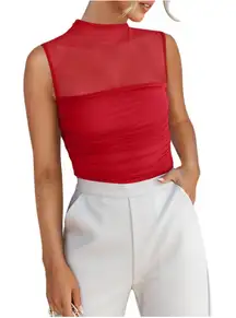 NWT Reoria Red Mock Neck Sheer Mesh Ruched Sleeveless Bodysuit Top XS