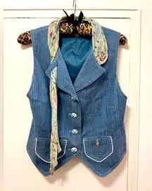 Y2K denim vest with built-in scarf and painted flower buttons size XS