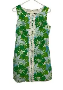 Kensie Shift Dress Sleeveless Size 6 Green Blue Floral Embroidered‎ Trim Summer