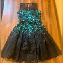 Cb established 1962 green and black Swiss dot 50’s style belted dress size 6