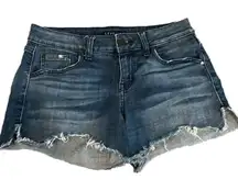 Level 99 dark denim wash slight distressed w/ side hem slit fray at hem - 25