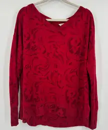 Athleta Red Floral Print‎ Long Sleeve V Neck Sweatshirt Athleisure Women's L